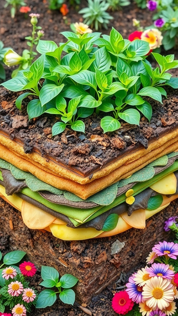 A layered lasagna garden with visible brown and green materials supporting healthy plant growth.